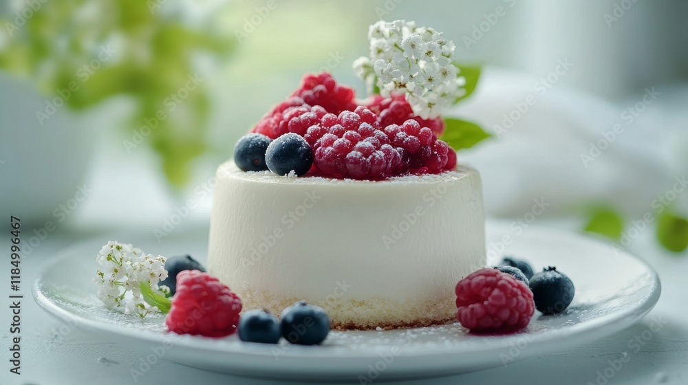 A small white cake topped with fresh raspberries, blueberries, and delicate white flowers on a plate A small white cake topped with fresh raspberries, blueberries, and delicate white flowers on a plate