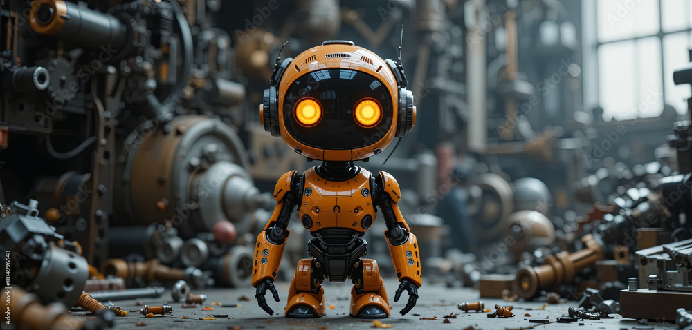 Fototapeta premium A small, orange robot with glowing eyes is positioned amidst a cluttered workshop. Surrounding it are various mechanical parts and tools, highlighting an industrial atmosphere