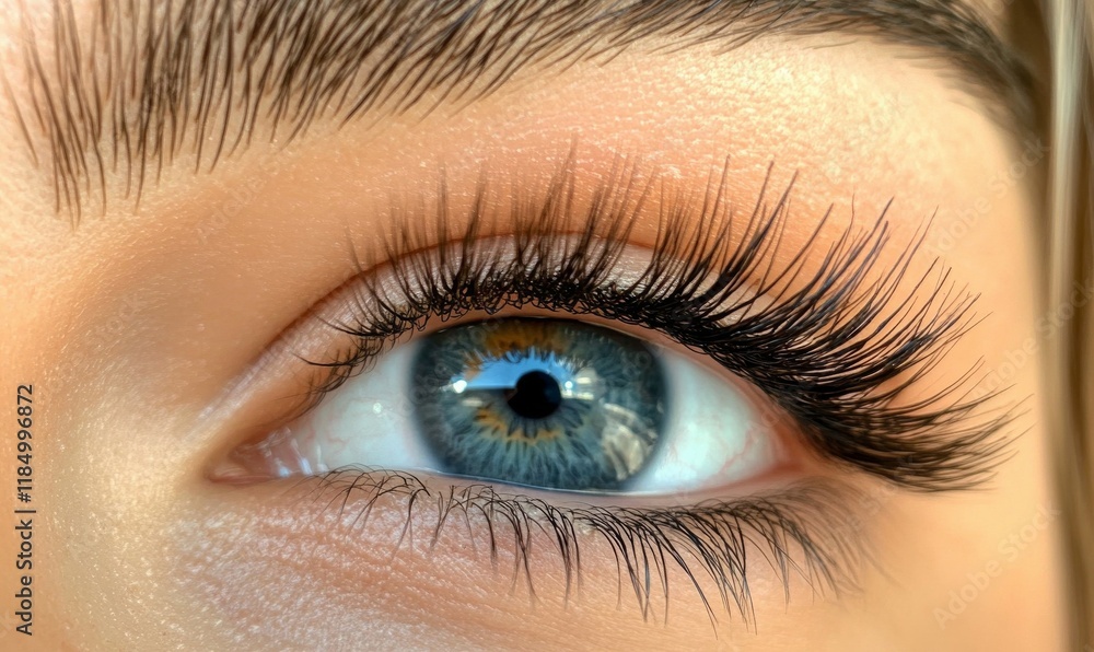 Obraz premium Woman's eye with long lashes and a blue iris. The eye is open and the lashes are curled