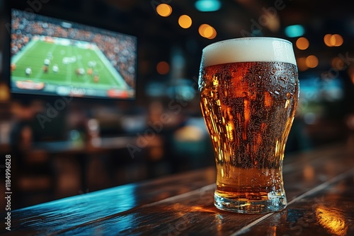 Enjoying a cold beer while watching a lively sports game in a cozy bar atmosphere with friends at night