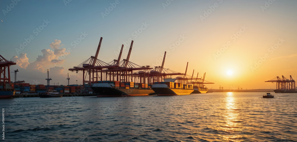 Naklejka premium Cargo ships lined up at the docks reflect the warm colors of sunset as cranes work efficiently against a scenic sky. The tranquil water adds to the peaceful atmosphere