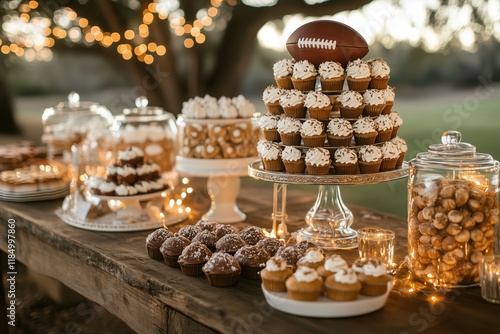 Cupcake display with football theme at outdoor event during sunset in festive atmosphere