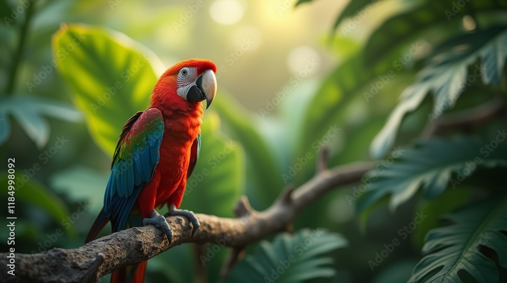 A photorealistic image of a parrot perched on a branch in a lush tropical setting, with vibrant foliage surrounding it. A photorealistic image of a parrot perched on a branch in a lush tropical setting, with vibrant foliage surrounding it.
