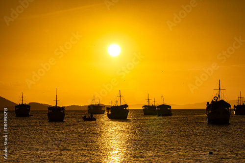 Landscape themes: Fishing boats in Juan Griego Bay at sunset. Margarita Island, Venezuela. photo