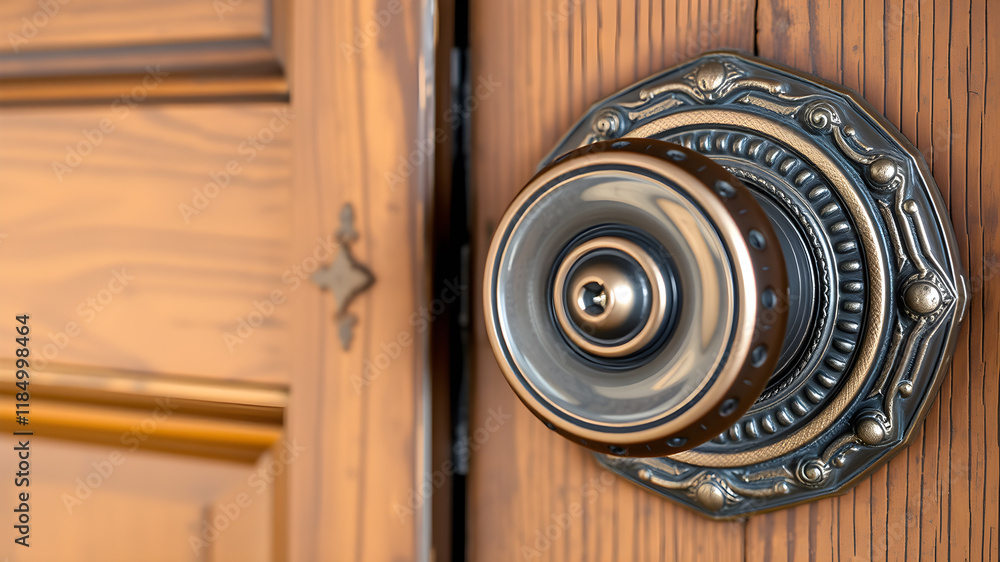 Fototapeta premium Close up of vintage round door knob on ornate metal plate with keyhole wooden door. Generative AI