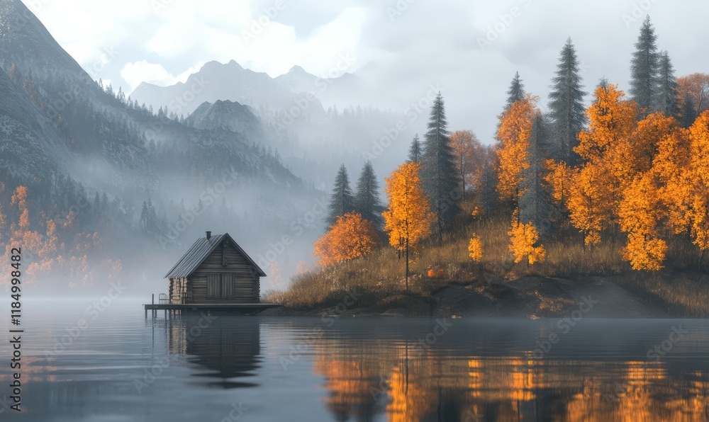 Obraz premium Wooden cabin on still water, surrounded by misty mountains and autumn trees.