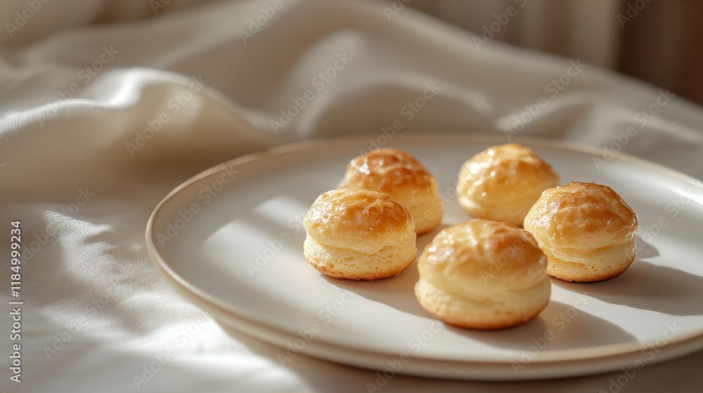 A minimalistic arrangement of small profiteroles on a white plate, set against a soft, light background A minimalistic arrangement of small profiteroles on a white plate, set against a soft, light background