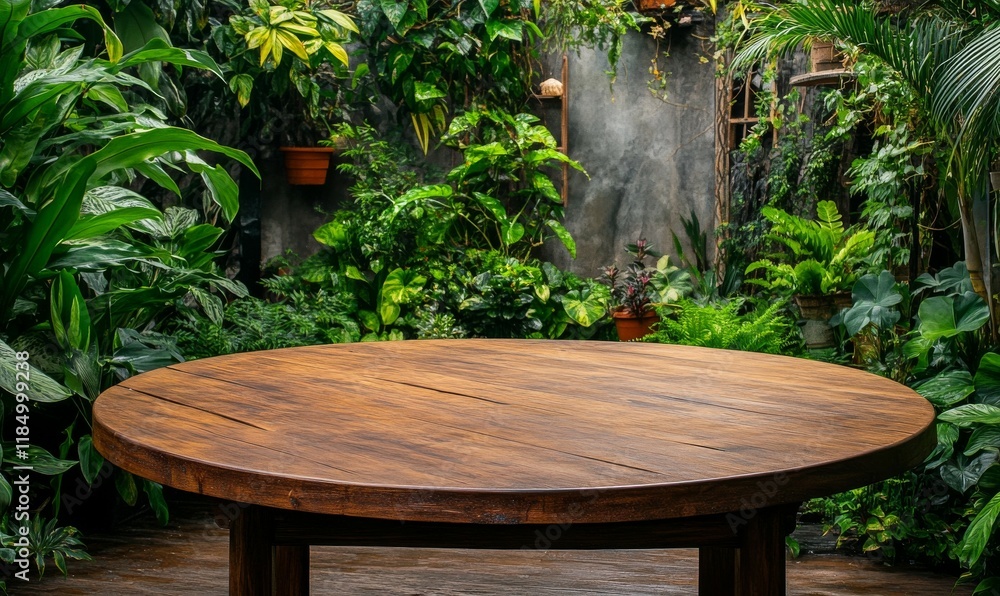 Wooden round table is in a jungle setting with lots of green foliage. The table is empty and surrounded by plants Wooden round table is in a jungle setting with lots of green foliage. The table is empty and surrounded by plants