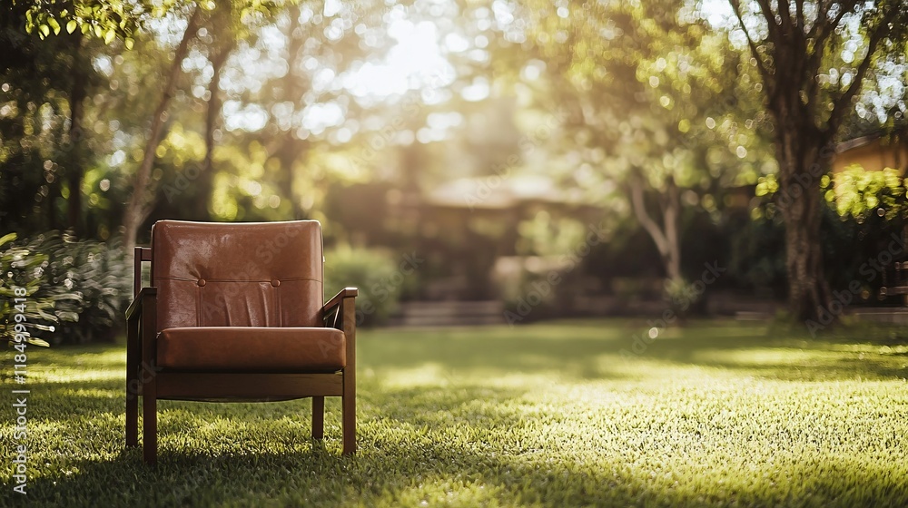 Comfortable leather armchair inviting relaxation in lush green garden Comfortable leather armchair inviting relaxation in lush green garden