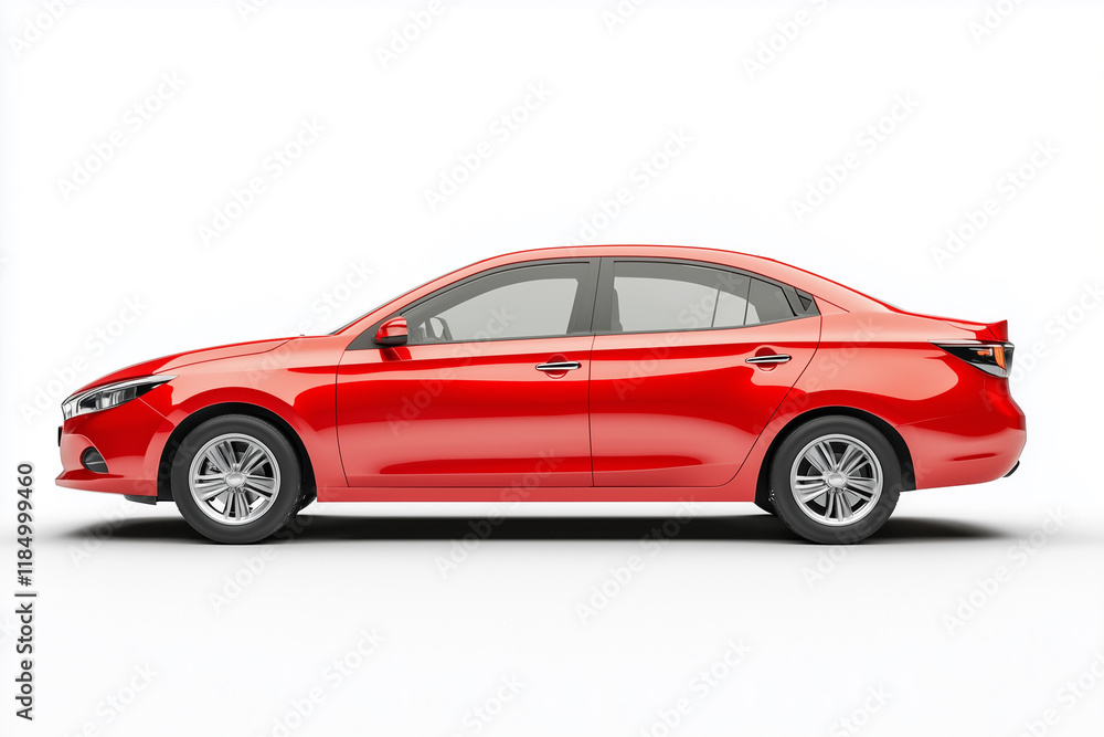 red 4 door compact economy car, photorealistic, side view, white background red 4 door compact economy car, photorealistic, side view, white background