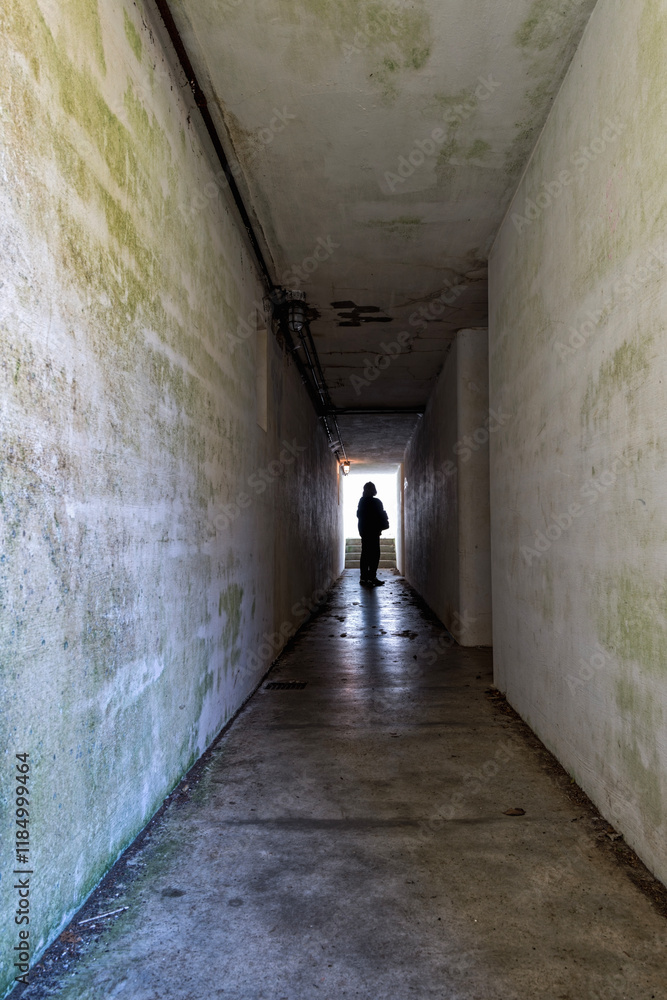 Silhouette of a woman standing at the end of a dimly lit hallway Silhouette of a woman standing at the end of a dimly lit hallway