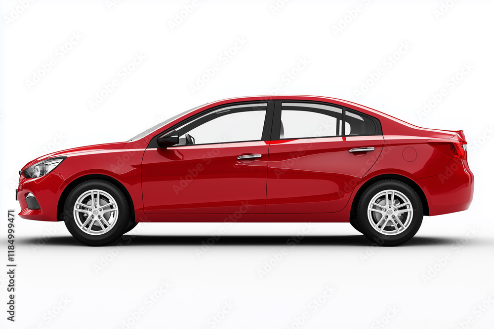red 4 door compact economy car, photorealistic, side view, white background red 4 door compact economy car, photorealistic, side view, white background