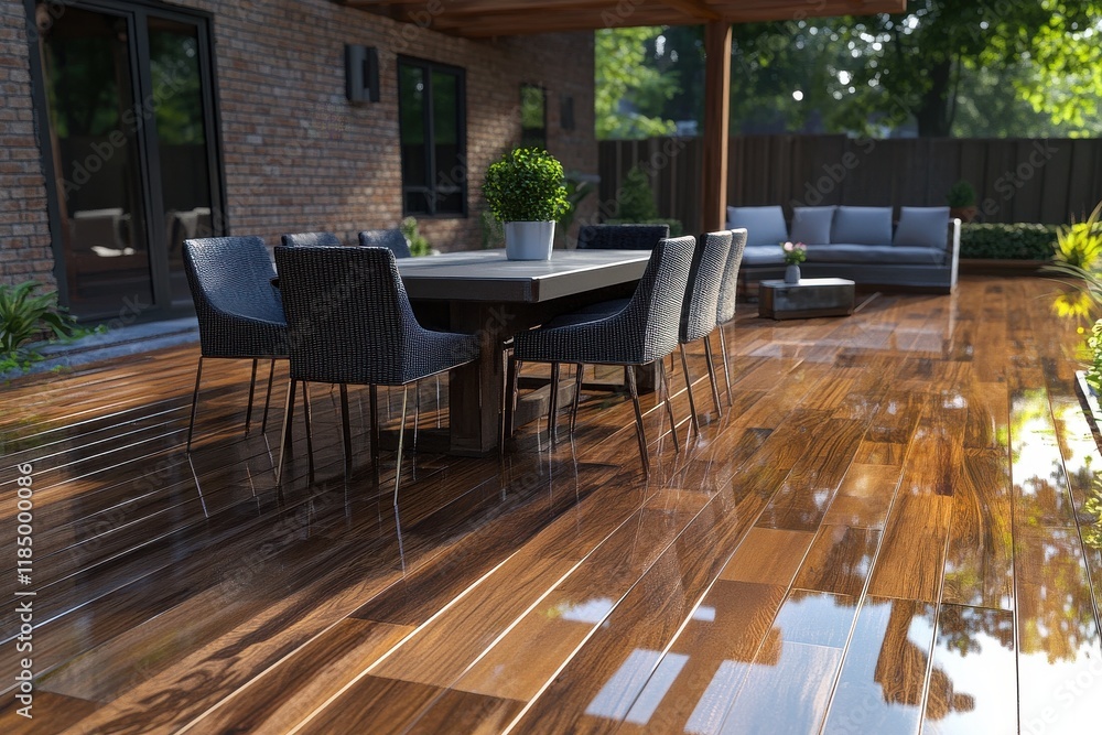 Obraz premium Modern outdoor dining area with elegant furniture, featuring a polished wooden floor and lush greenery.