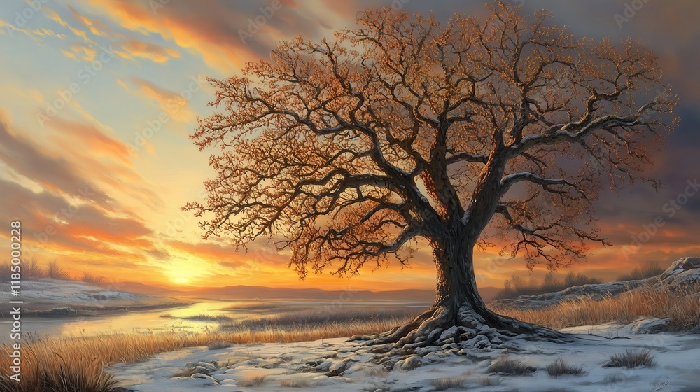 Obraz premium Standing proudly in the snow, the majestic maple tree is framed by a stunning sunset, its delicate branches accentuating the serene beauty of the season.