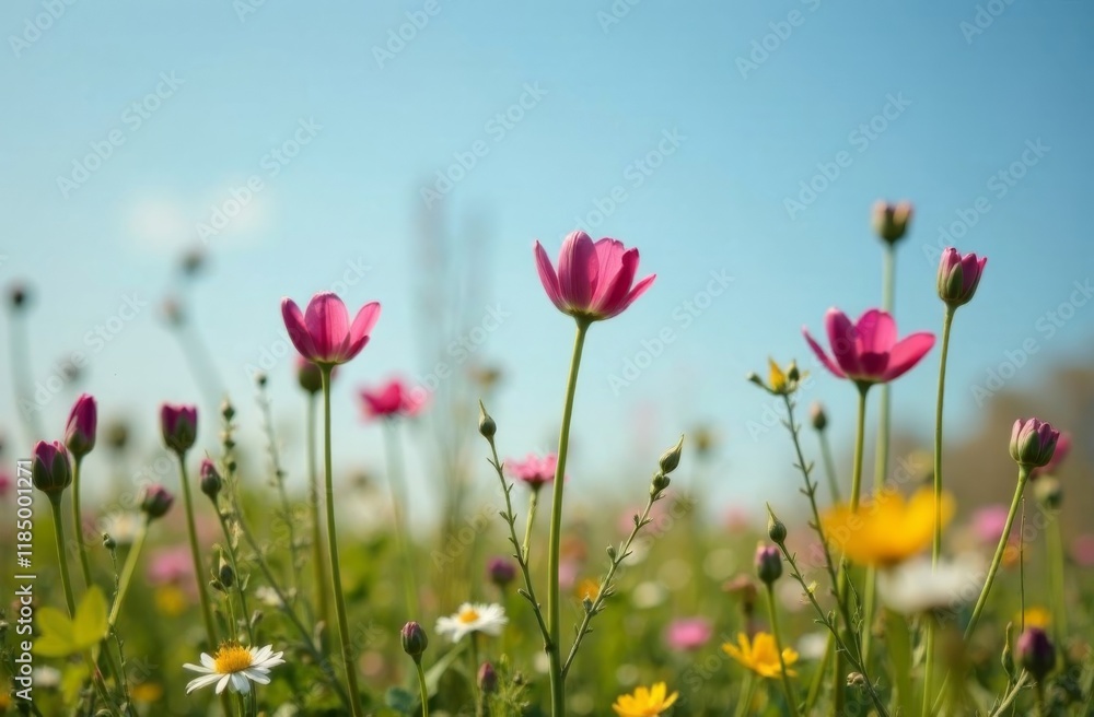vibrant pink wildflowers blooming in a sunny meadow with soft yellow and white blossoms under a clear blue sky, concept of nature, outdoor photography, and environmental conservation vibrant pink wildflowers blooming in a sunny meadow with soft yellow and white blossoms under a clear blue sky, concept of nature, outdoor photography, and environmental conservation