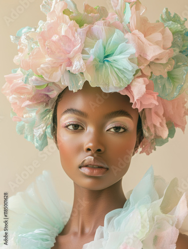 Portrait of a model adorned with a pastel couture headpiece in soft pink and mint green tones, paired with a matching flowing outfit. The composition emphasizes elegance and ethereal beauty.