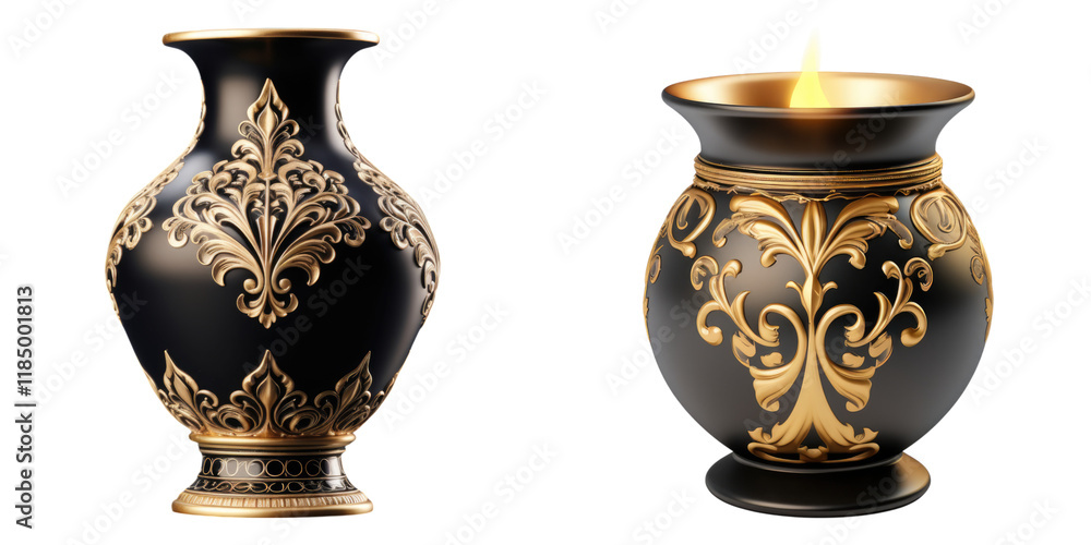 Black and golden vase with candle isolated on transparent background, Set of Black and golden vase with candle isolated on transparent background, Set of