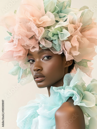 Portrait of a model adorned with a pastel couture headpiece in soft pink and mint green tones, paired with a matching flowing outfit. The composition emphasizes elegance and ethereal beauty.