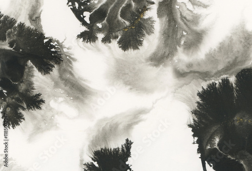 Black grunge Ink watercolor brush stroke painting flow smoke blot. Abstract contrast grunge stain on wet paper background.