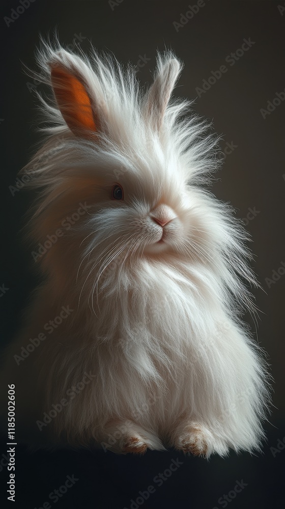 Fluffy white rabbit with striking fur, sitting gracefully in soft light, exuding a whimsical charm. Fluffy white rabbit with striking fur, sitting gracefully in soft light, exuding a whimsical charm.