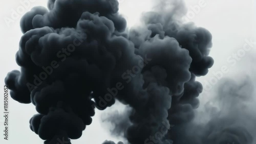Large black cloud of smoke is rising into the sky. The smoke is thick and dark, and it is billowing out of a factory