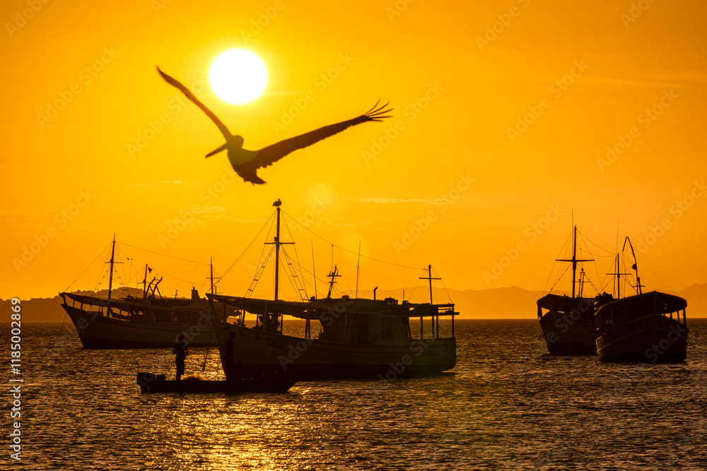 Landscape themes: Fishing boats in Juan Griego Bay at sunset. Margarita Island, Venezuela.