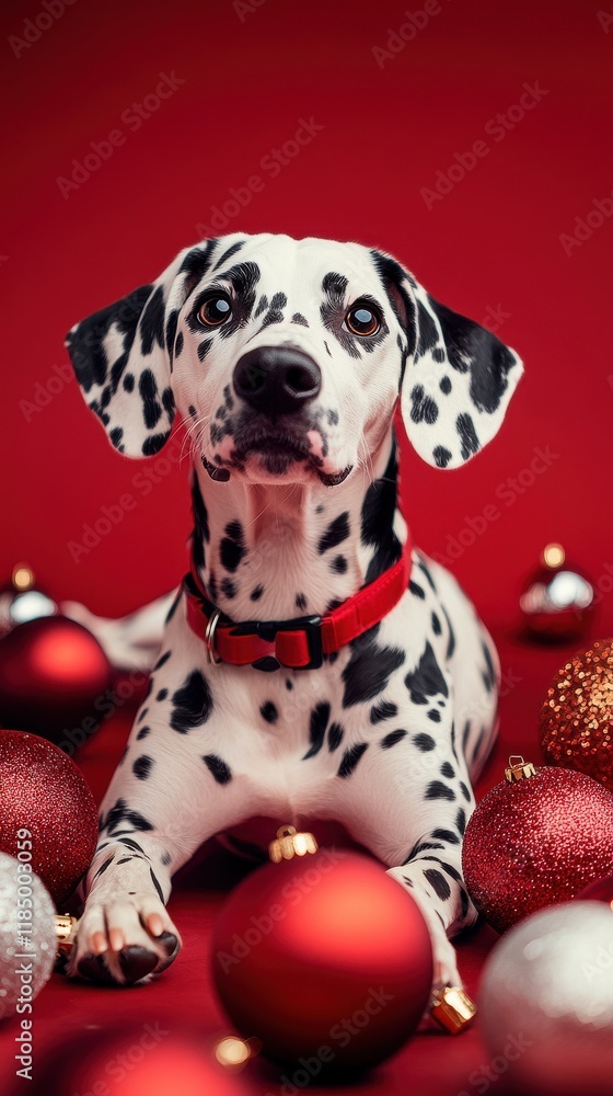 A playful Dalmatian surrounded by festive Christmas ornaments on a vibrant red background. A playful Dalmatian surrounded by festive Christmas ornaments on a vibrant red background.