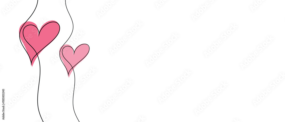 Continuous line drawing of heart and words. Vector illustration. One single line drawing of love concept cute heart shaped for greeting card. Romantic symbol for wedding invitation, Valentine's Day.