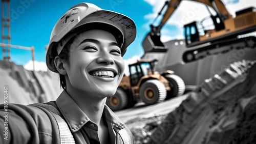 Empowered Female Engineer Smiling at Construction Site – A Vision of Progress