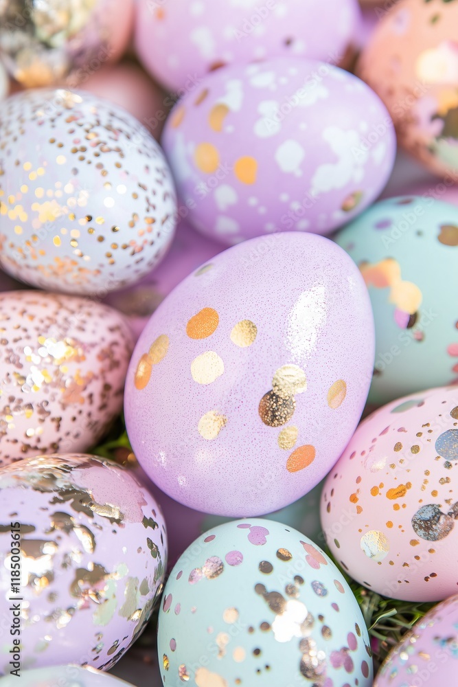 pastel Easter eggs decorated with metallic foil, featuring shades like lavender, pink, orange, and silver with a shimmering, textured finish pastel Easter eggs decorated with metallic foil, featuring shades like lavender, pink, orange, and silver with a shimmering, textured finish