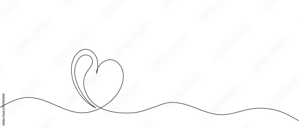 Continuous line drawing of heart and words. Vector illustration. One single line drawing of love concept cute heart shaped for greeting card. Romantic symbol for wedding invitation, Valentine's Day.