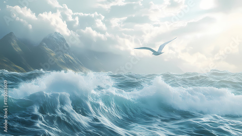 Bird gliding over the ocean waves toward land, ai-generated. Seabreeze. Illustration
