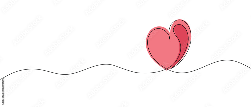 Continuous line drawing of heart and words. Vector illustration. One single line drawing of love concept cute heart shaped for greeting card. Romantic symbol for wedding invitation, Valentine's Day.