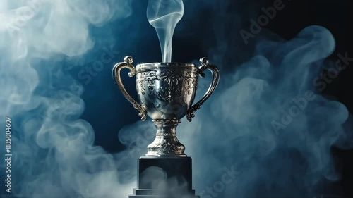 Silver cup with smoke coming out of it. The cup is on a table