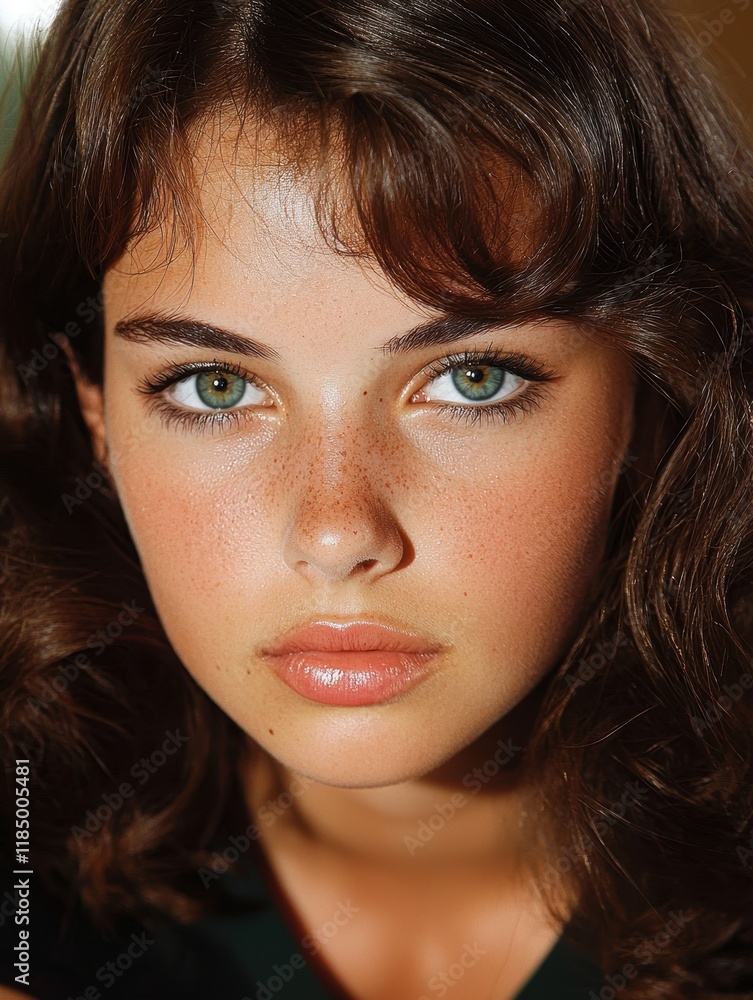 Close-up portrait of a young woman with freckles and green eyes Close-up portrait of a young woman with freckles and green eyes