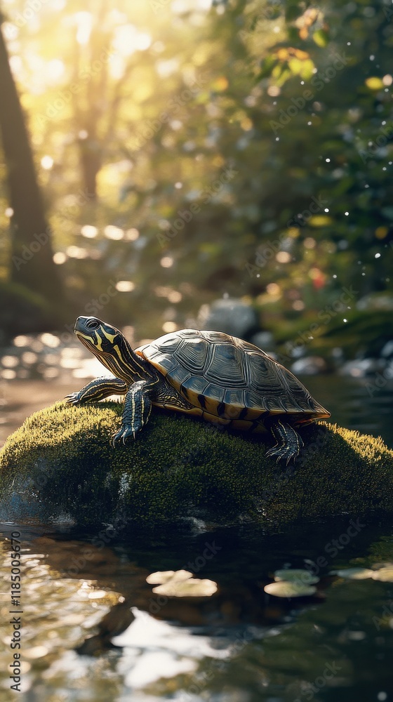 Fototapeta premium A serene turtle basking on a moss-covered rock by a sparkling forest stream.