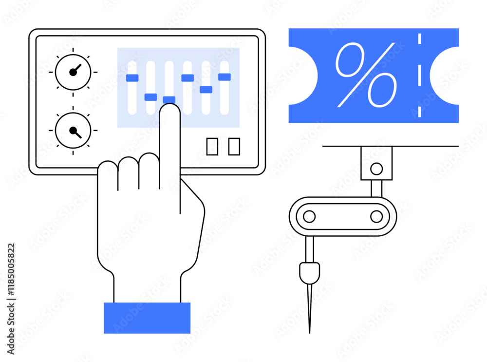 Hand adjusting touchscreen controls beside machine printing blue coupon with percentage symbol. Ideal for automation, efficiency, digital controls, finance, manufacturing, discount, technology Hand adjusting touchscreen controls beside machine printing blue coupon with percentage symbol. Ideal for automation, efficiency, digital controls, finance, manufacturing, discount, technology