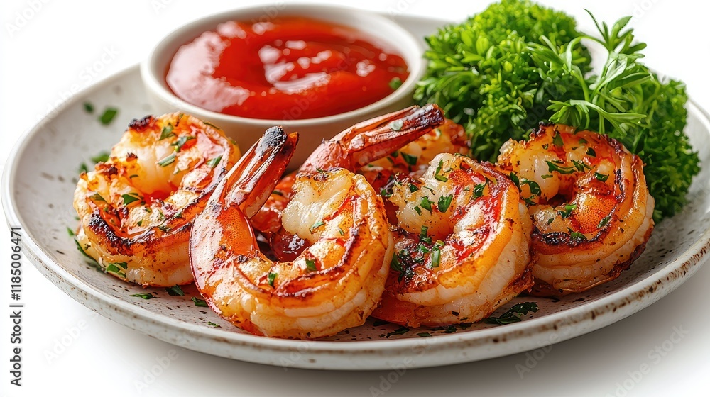 Grilled Shrimp with Sauce and Parsley Garnish Grilled Shrimp with Sauce and Parsley Garnish