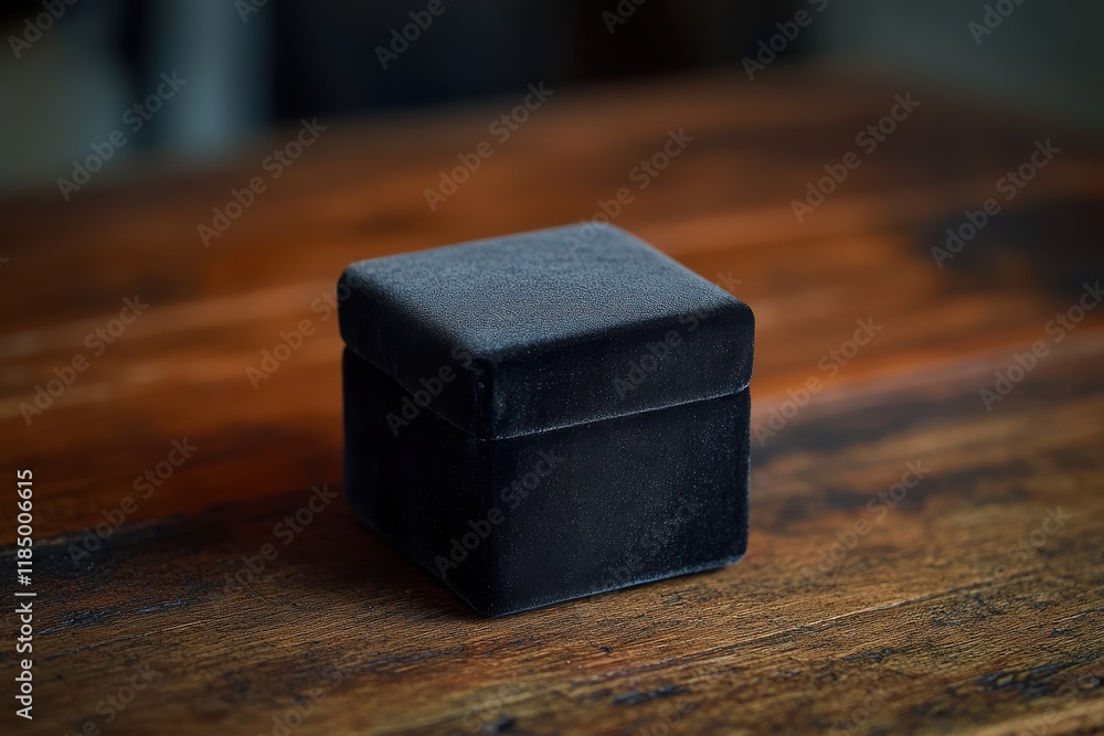 Elegant black velvet jewelry box resting on a rustic wooden table. Elegant black velvet jewelry box resting on a rustic wooden table.