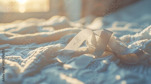 A ribbon placed on a soft white blanket in the sunlight photo