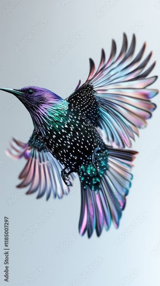 Obraz premium A vibrant hummingbird in mid-flight, showcasing iridescent feathers and intricate details.