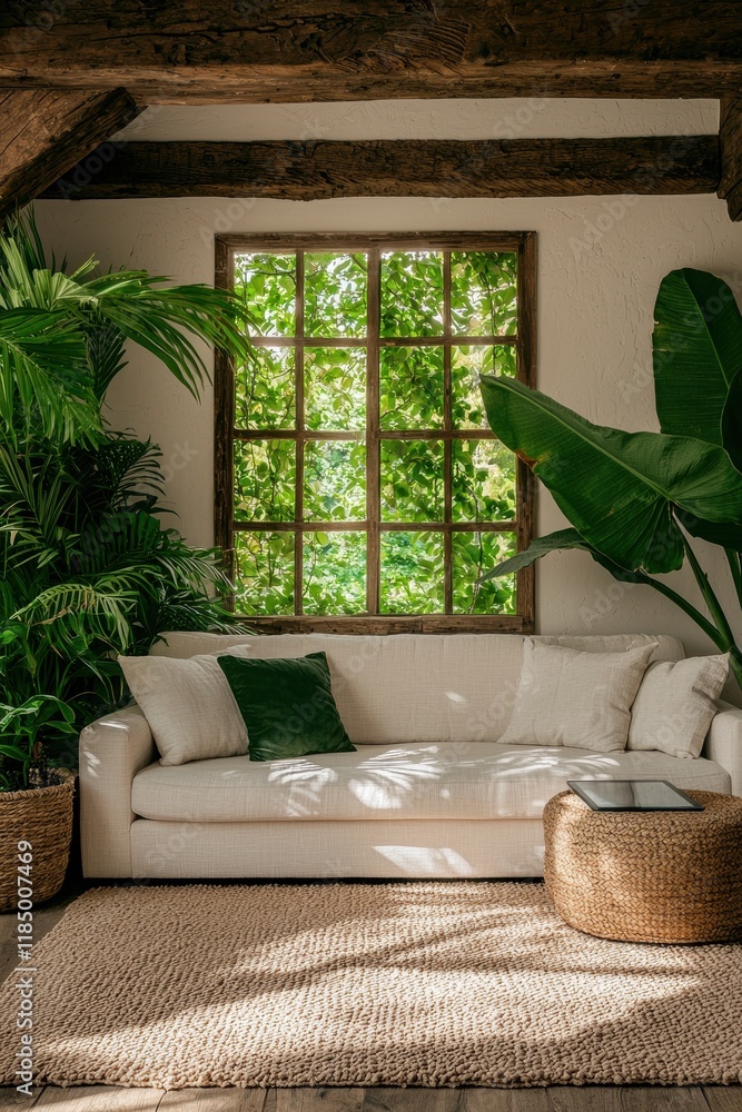 Cozy living room with a large window overlooking a lush garden Cozy living room with a large window overlooking a lush garden