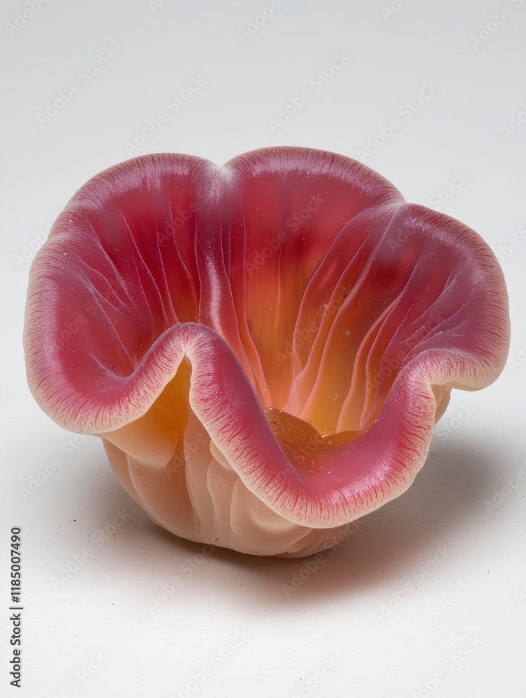 Close-up of a vibrant, red and orange, bioluminescent mushroom-like object. Close-up of a vibrant, red and orange, bioluminescent mushroom-like object.