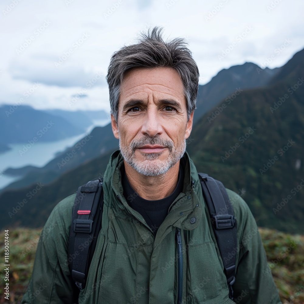 Portrait of a middle-aged man hiking in the mountains Portrait of a middle-aged man hiking in the mountains