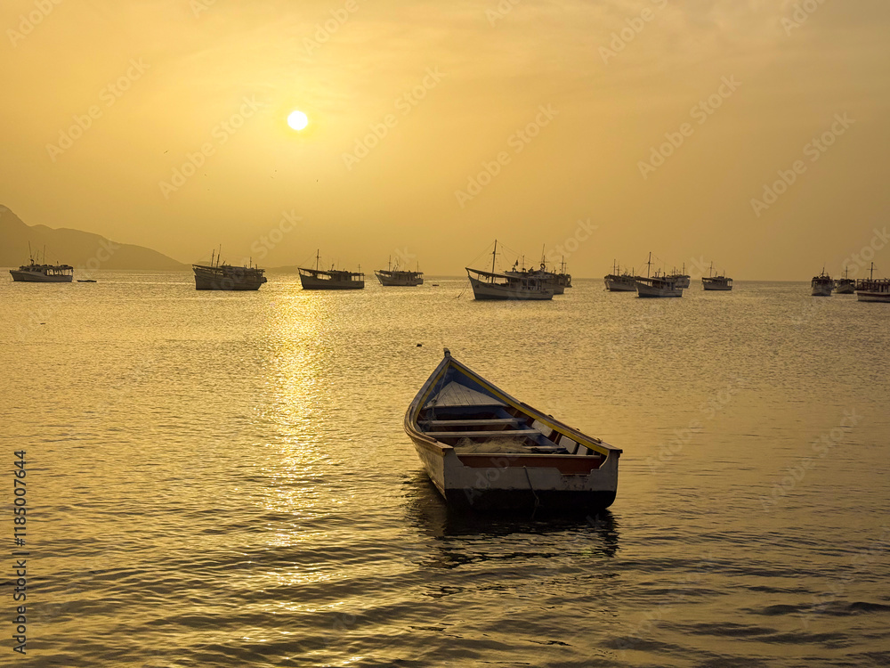Landscape themes: Fishing boats in Juan Griego Bay at sunset. Margarita Island, Venezuela. Landscape themes: Fishing boats in Juan Griego Bay at sunset. Margarita Island, Venezuela.