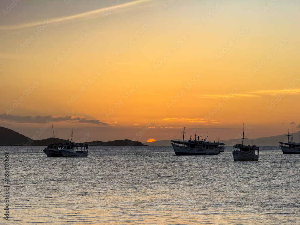 Fototapeta premium Landscape themes: Fishing boats in Juan Griego Bay at sunset. Margarita Island, Venezuela.