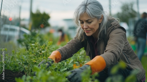 Senior woman engaging in a community clean-up event, helping restore urban green spaces. photo