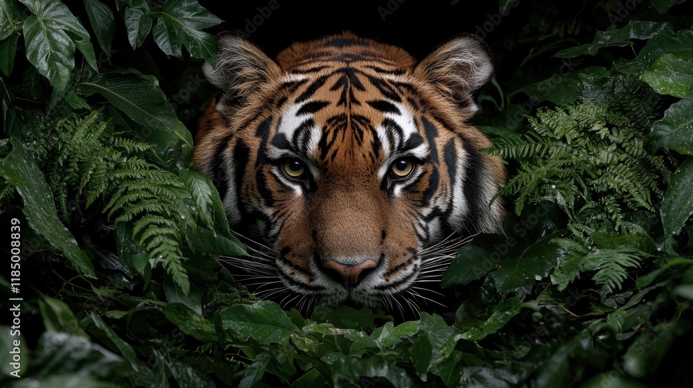 Fototapeta premium Closeup of a tiger peering from behind lush green foliage