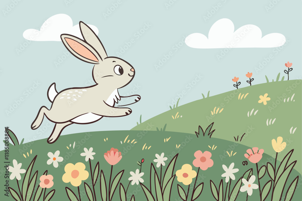 A bunny hopping in a meadow, depicted in a digital painting with soft brushwork A bunny hopping in a meadow, depicted in a digital painting with soft brushwork