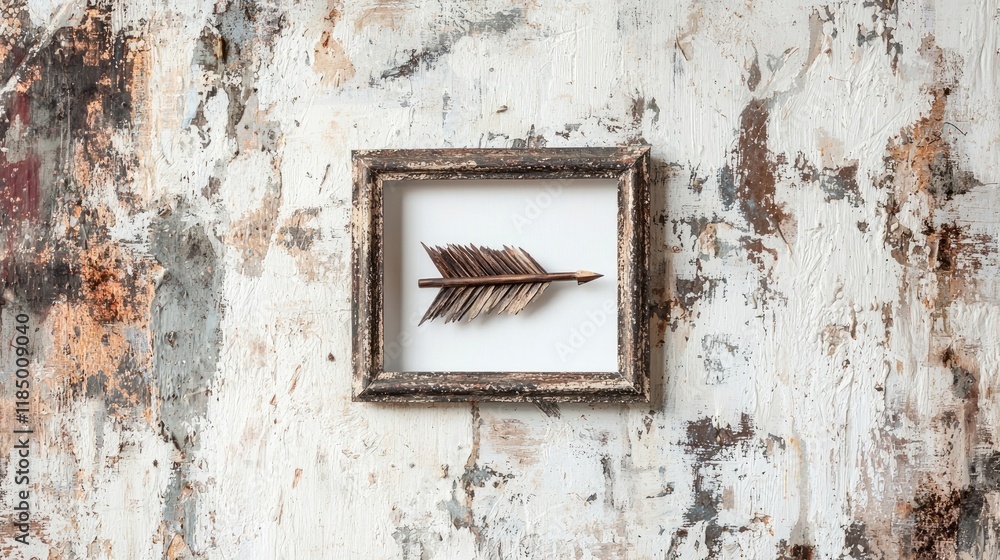 A framed decorative arrow mounted on a textured wall, showcasing a blend of artistry and rustic charm. A framed decorative arrow mounted on a textured wall, showcasing a blend of artistry and rustic charm.
